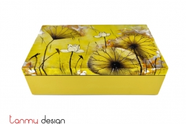 Yellow rectangular lacquer box hand-painted with water lily pond 18*30cm